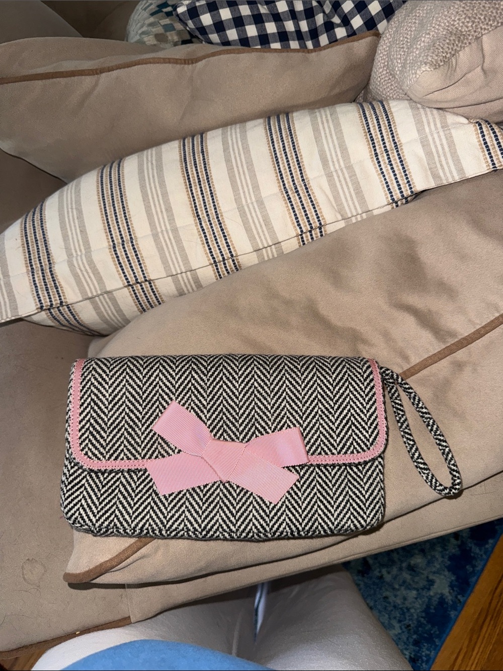 J. Crew Black & White Herringbone Clutch with Pink Trim
